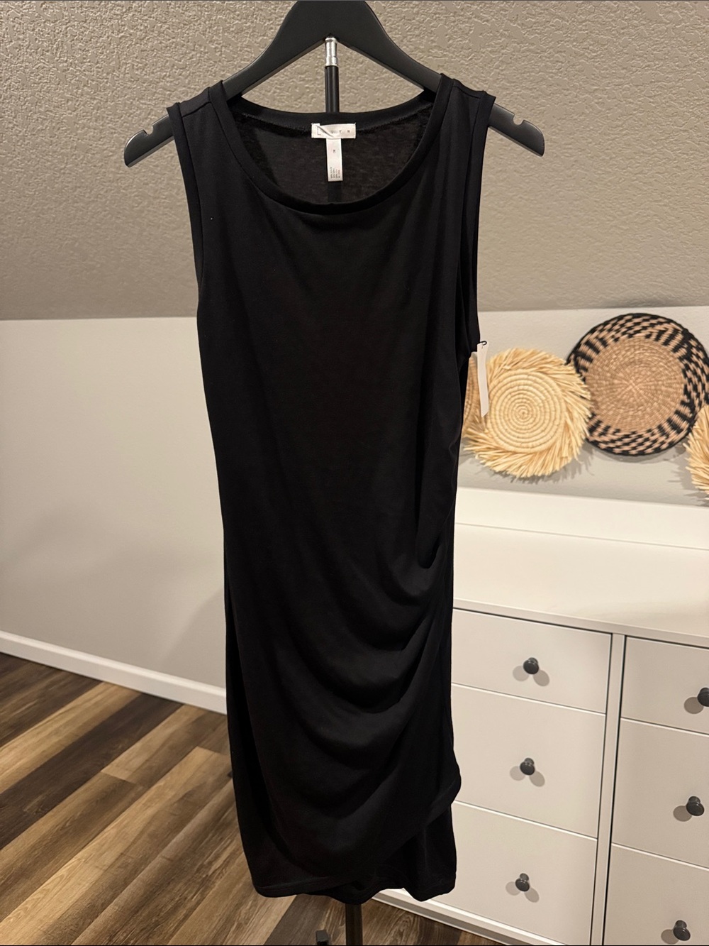 Leith Black Sleeveless Midi Dress with Side Drape